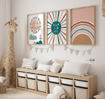 Hello sunshine baby art, teal nursery art, teal bedroom gender neutral kids art, gender neutral nursery beige teal, sun clouds rainbow kids