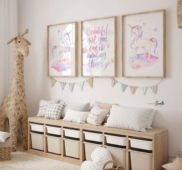 Unicorn girls room decor, cute modern unicorn girls room wall art, unicorn room images, girl bedroom unicorn theme, pink blush cloud rainbow