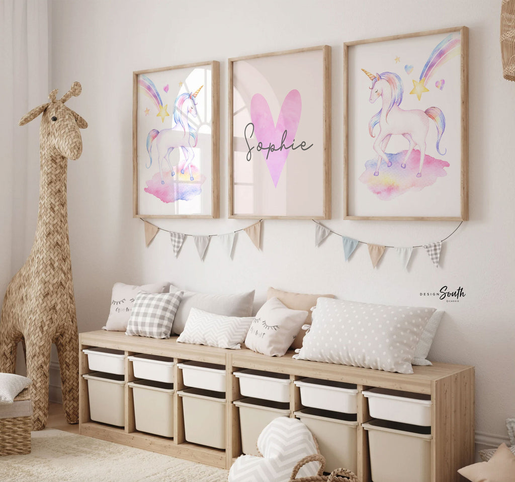 Unicorn kids art, set of three girls prints unicorn themed, pastel wall art unicorn stars hearts clouds, personalized girl name heart decor