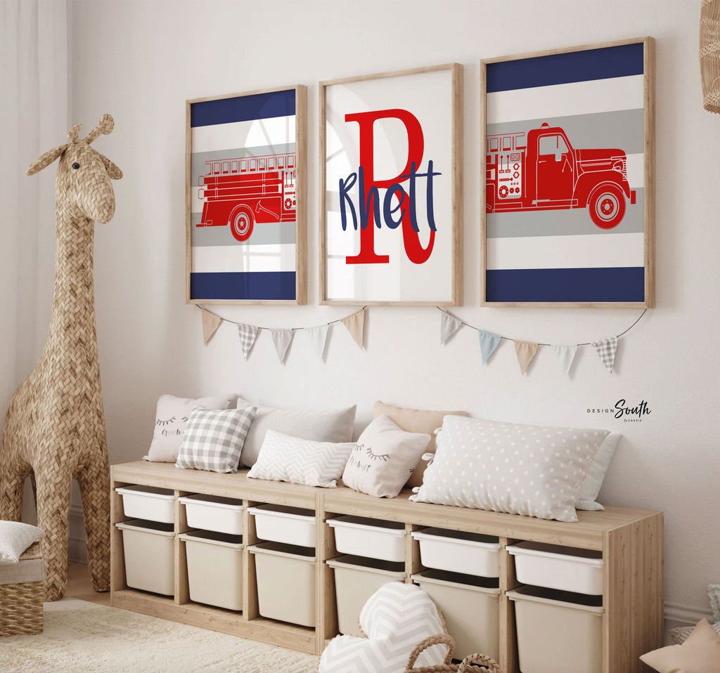 Red gray and navy blue firetruck nursery decor, firefighter nursery art, firetruck kid art, firetruck theme, children firetruck wall art