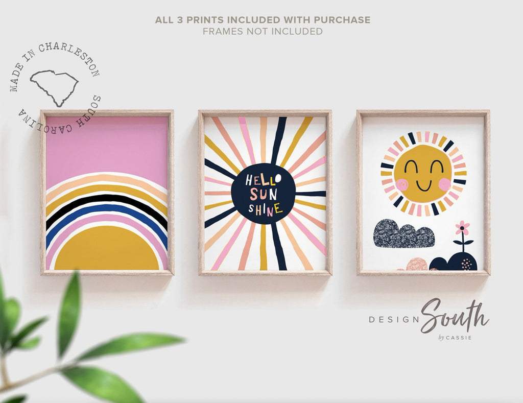 Rainbow sunshine boho colors, pink sunshine nursery wall art, hello sunshine sun rays clouds rainbow pink colors, pink yellow baby room wall