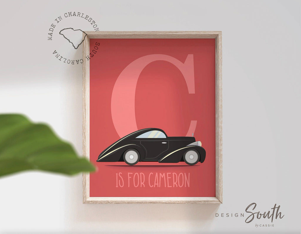 Boys name vintage car print, boy bedroom car art, car art print customized name, vintage car boys room, boys custom car name sign wall decor