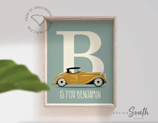 Boys name vintage car print, monogram car art, car art print customized name, vintage car boys room, boys custom car name sign, vintage car