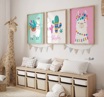 Llama nursery, alpaca art, aztec llama baby gift, mint pink llama girl bedroom wall art print, llama cactus decor, boho llama baby pictures