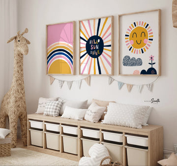 Rainbow sunshine boho colors, pink sunshine nursery wall art, hello sunshine sun rays clouds rainbow pink colors, pink yellow baby room wall