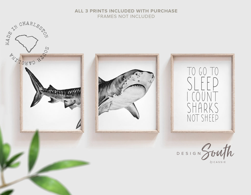Set of shark-themed nursery wall art prints featuring the quote “To go to sleep I count sharks not sheep.” Perfect for a baby boy’s room or ocean-themed nursery, this playful and modern artwork adds a fun touch to boys&#39; bedrooms or toddler spaces. Includes watercolor-style shark illustrations and bold text, ideal for a shark lover’s room or under-the-sea decor. A great gift for baby showers, birthdays, or parents creating a shark or marine life theme for their little one.