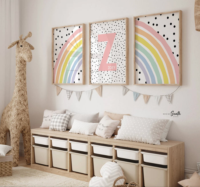 Nursery wall decor, monogram print for girls, pastel baby name art, prints for girl bedroom, playroom print set rainbow, girl's monogram art