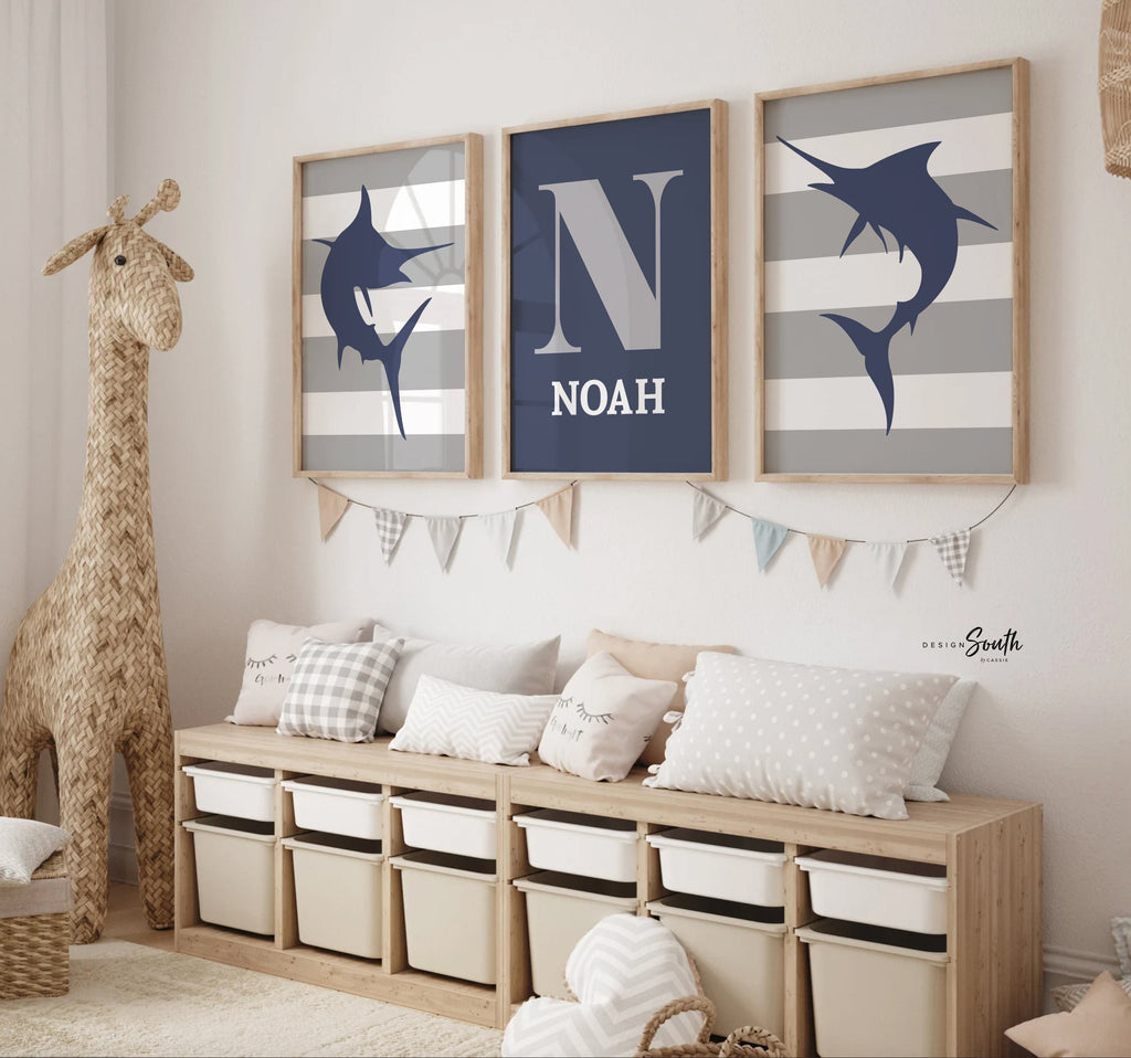 Big boy bedroom wall art, deep sea fishing marlin, personalized name baby boy, saltwater fish kids room decor, gift for boy fisherman child