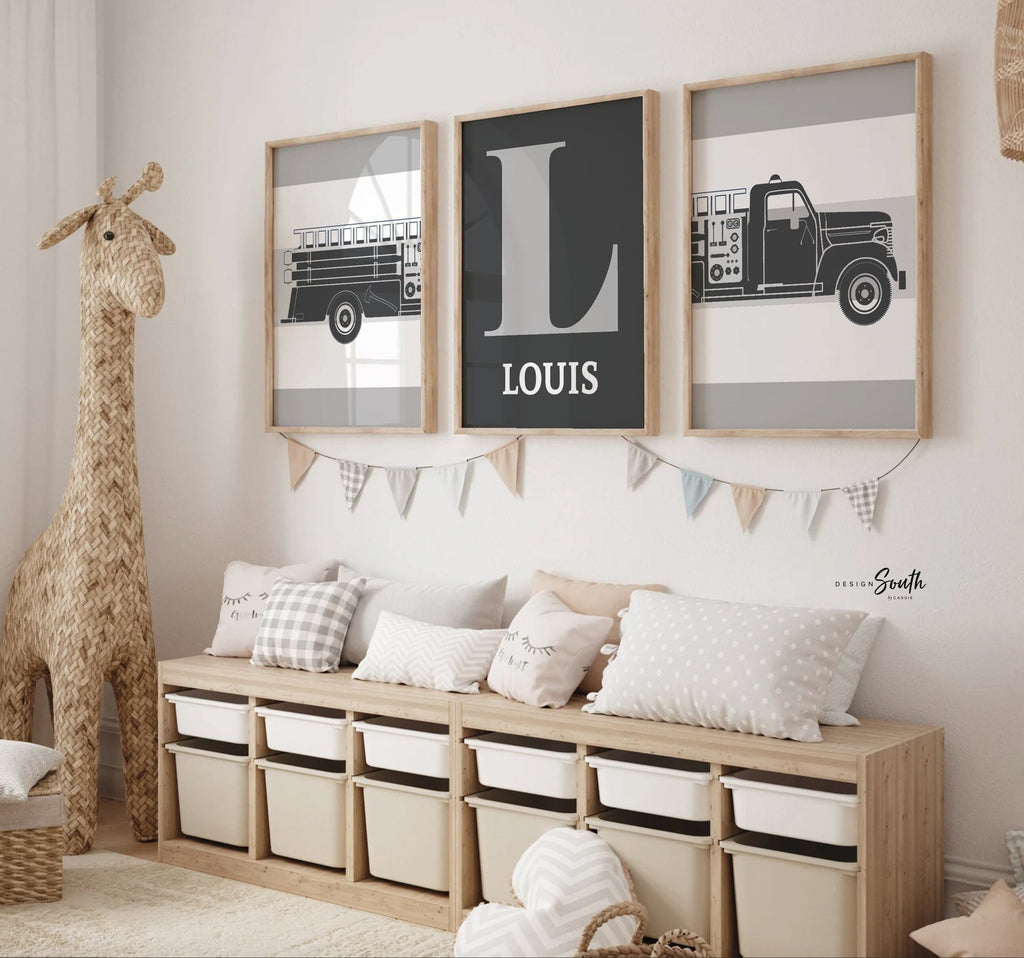Gray fire truck nursery decor, little firefighter gift, gray firetruck art, firetruck theme, boys firetruck decor, wall art firefighter gift