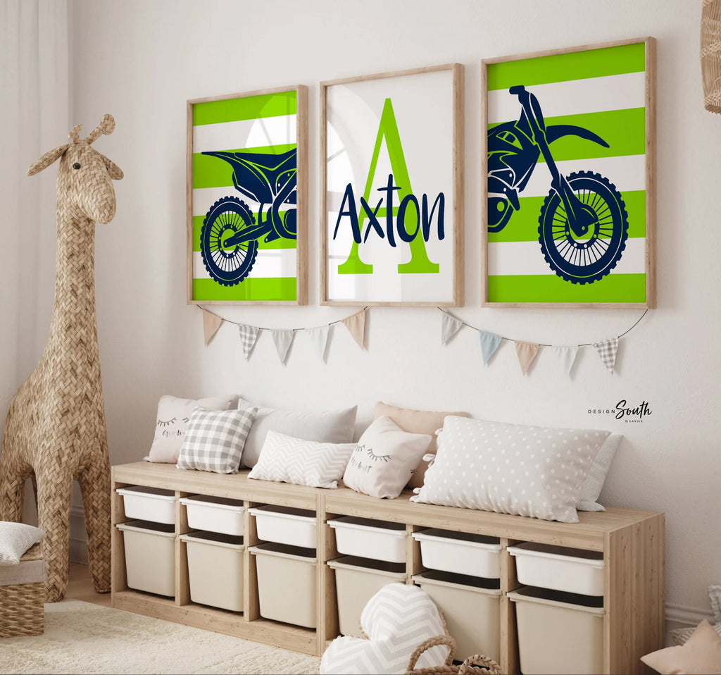 Lime green dirt bike themed room wall art, kid name racing bedroom, personalized kids name decor art print, motocross bedroom theme for boy,