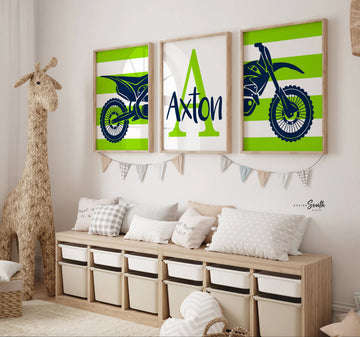 Lime green dirt bike themed room wall art, kid name racing bedroom, personalized kids name decor art print, motocross bedroom theme for boy,