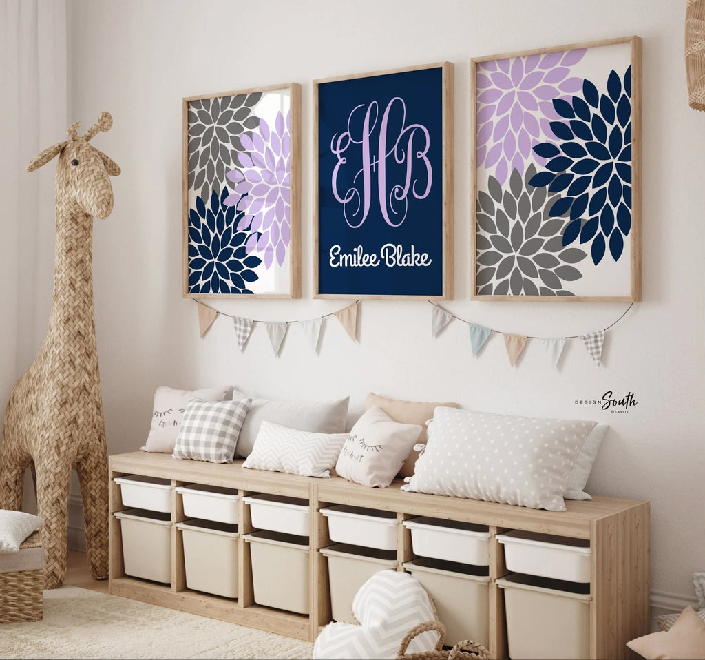 Purple navy and gray nursery wall art, personalized baby girl gift, flower nursery decor, girl monogram decor, purple bedroom, girls bedroom