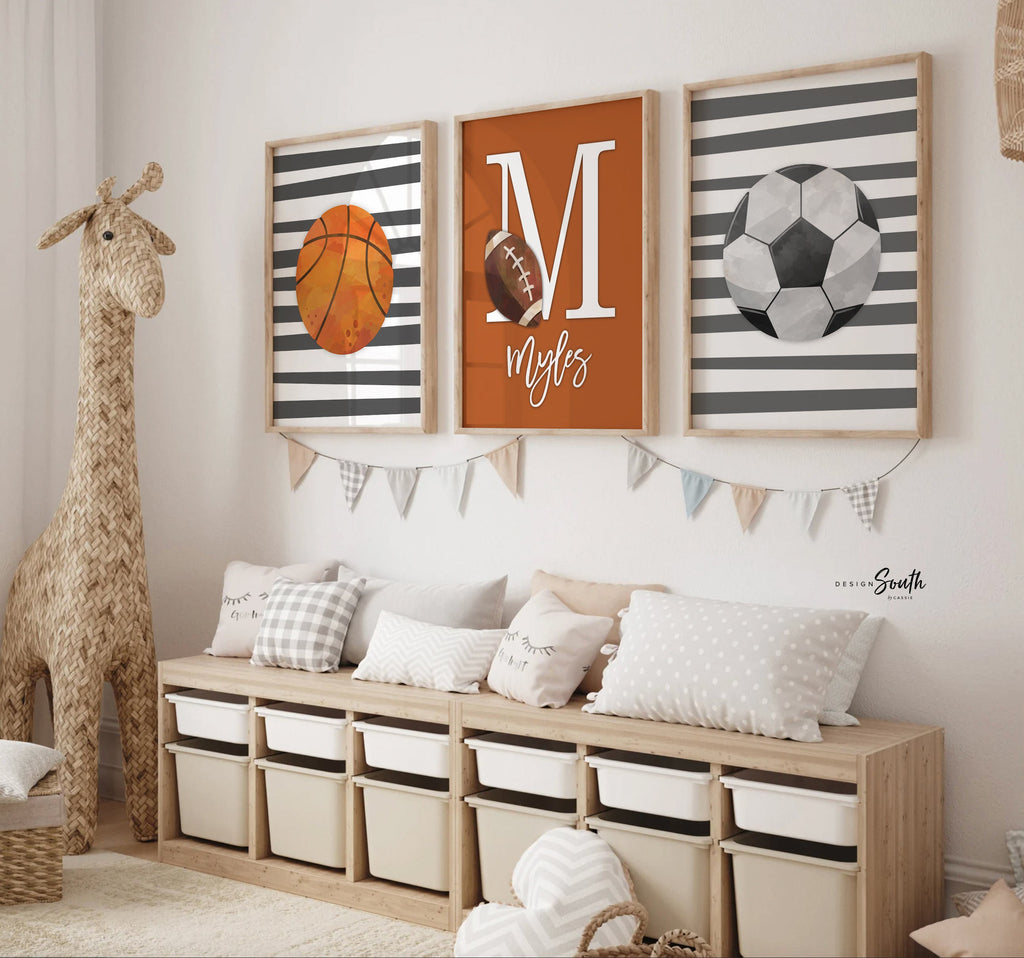 Boys room burnt orange and gray, baby boy nursery sports theme, birthday sports party gift for boy personalized, sports set boy shower gift