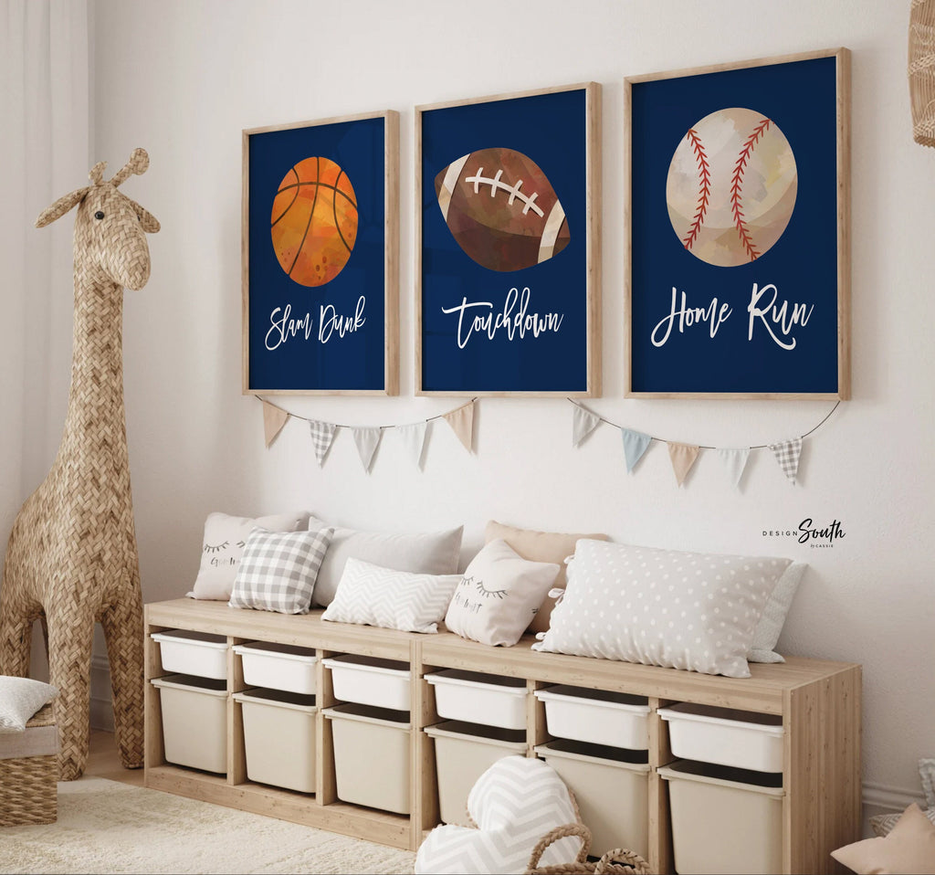 Sports room decor for boys, basketball football baseball prints boys room, nursery decor boys wall art navy blue sports balls, playroom idea