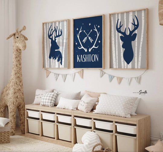 Stag heads nursery, hunting nursery, deer decor, deer art, boys deer nursery, deer arrows, buck deer nursery for boys navy blue gray, custom
