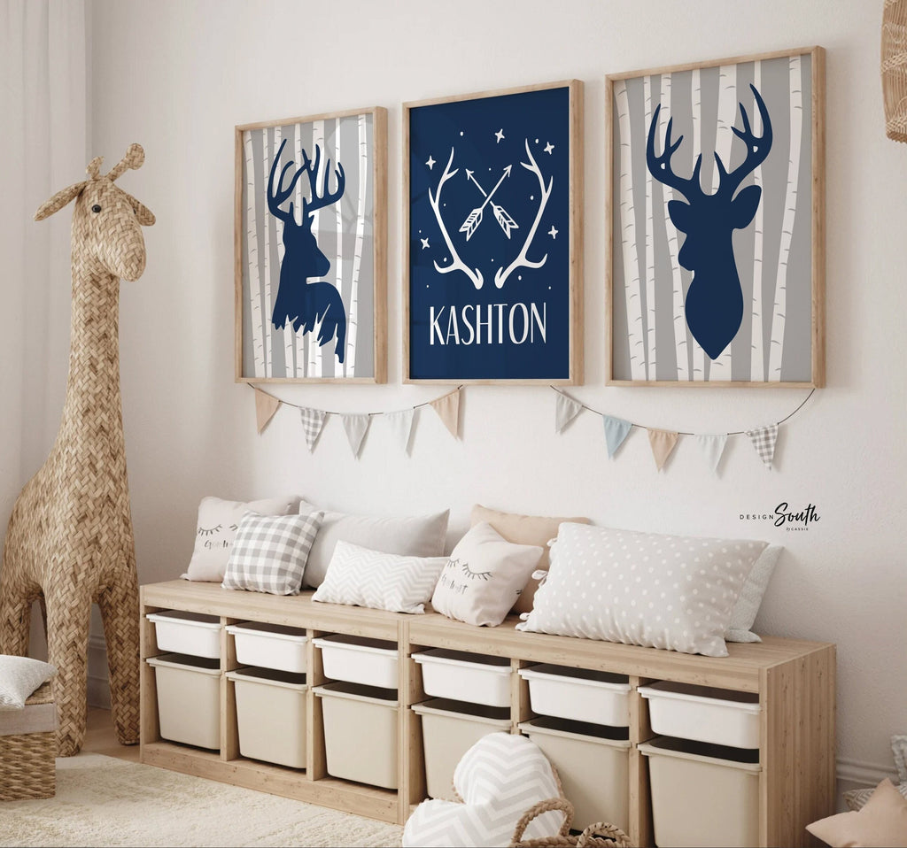 Stag heads nursery, hunting nursery, deer decor, deer art, boys deer nursery, deer arrows, buck deer nursery for boys navy blue gray, custom