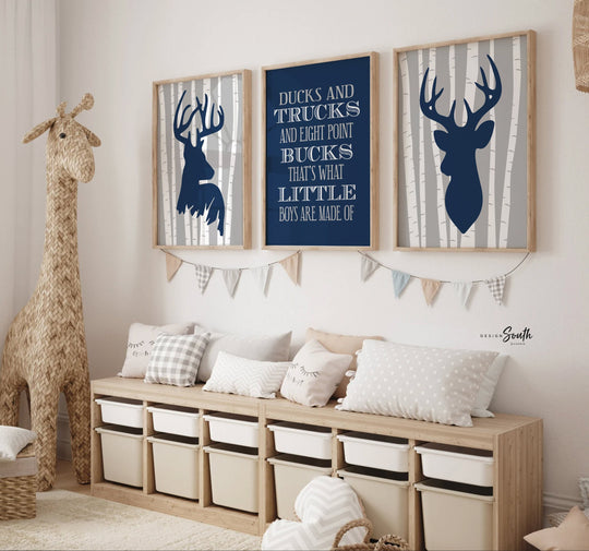 Deer nursery decor, boys nursery decor, ducks and trucks and eight point bucks, deer theme, deer nursery, eight point bucks, navy and gray
