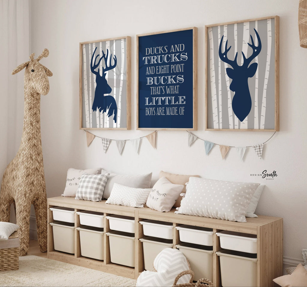 Deer nursery decor, boys nursery decor, ducks and trucks and eight point bucks, deer theme, deer nursery, eight point bucks, navy and gray