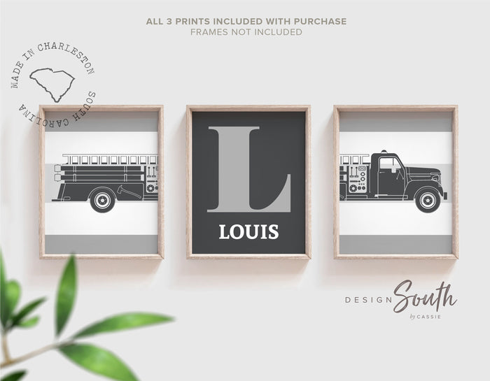 Gray fire truck nursery decor, little firefighter gift, gray firetruck art, firetruck theme, boys firetruck decor, wall art firefighter gift