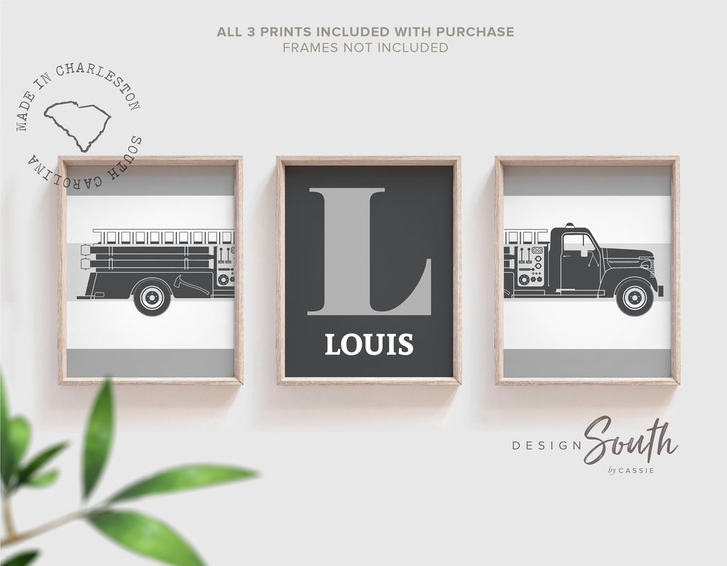 Fire truck nursery decor, little firefighter gift, gray firetruck art, firetruck theme, boys firetruck decor, boy wall art firefighter gift