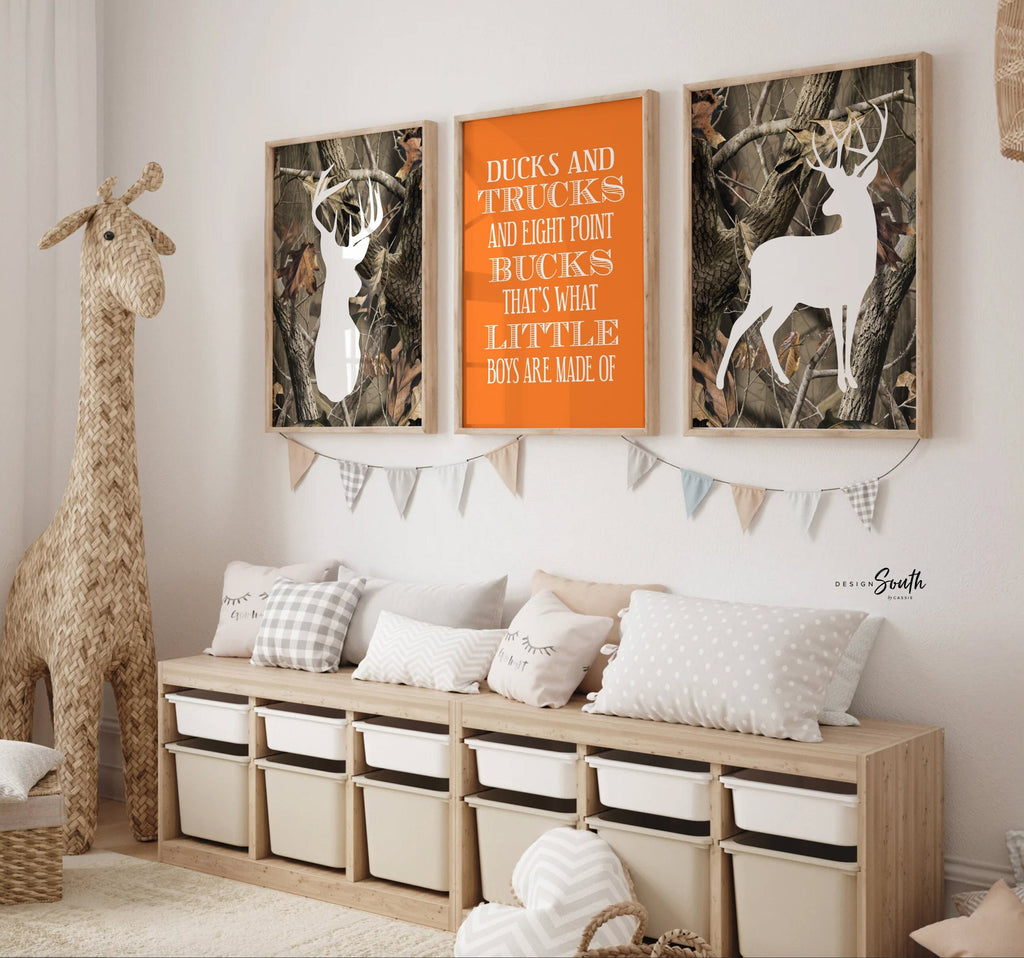 Boys deer nursery art, baby boy gift orange deer theme, deer head art, boys buck decor antler eight point, hunting art for toddler kids room