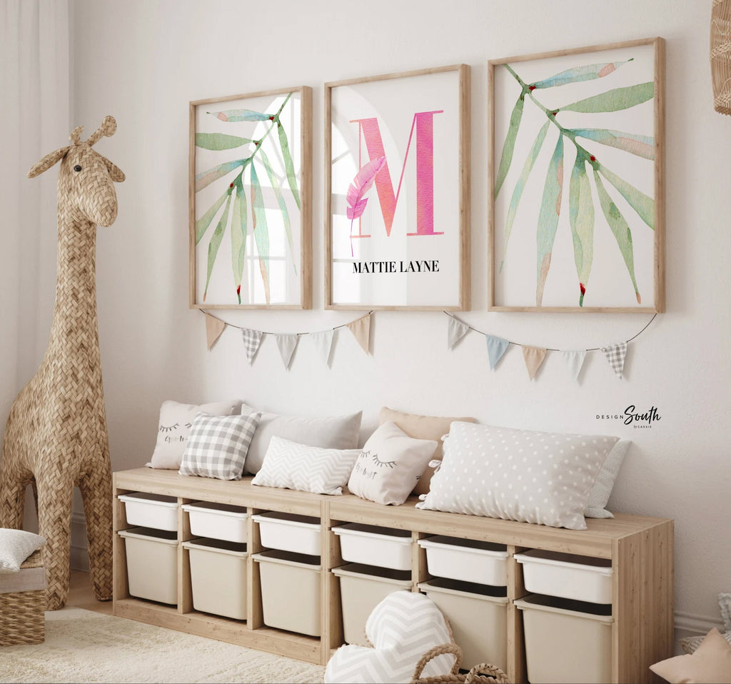 Girl tropical plants initial name nursery decor, tropical leaf watercolor decor, girls nursery tropical theme, pink tropics nursery baby art