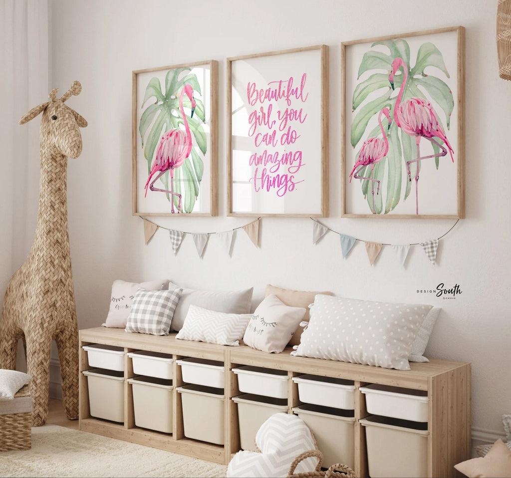 Pink flamingo girl room art, hot pink and green tropical bedroom prints, flamingos with pink watercolor and leaves, beautiful quote for girl