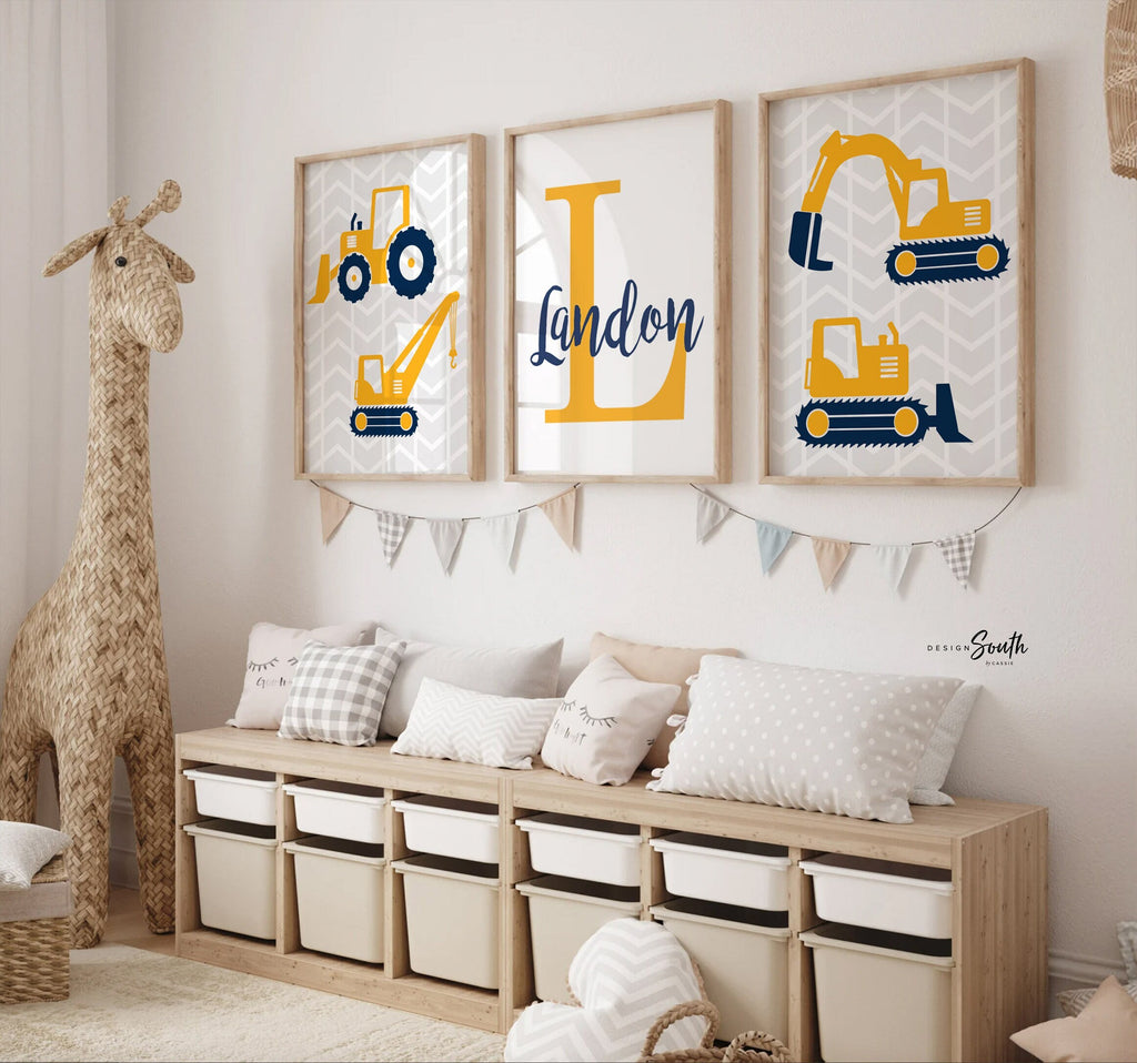 Navy blue yellow and gray construction room, big boy construction bedroom, construction theme gift for boy personalized name, boys playroom