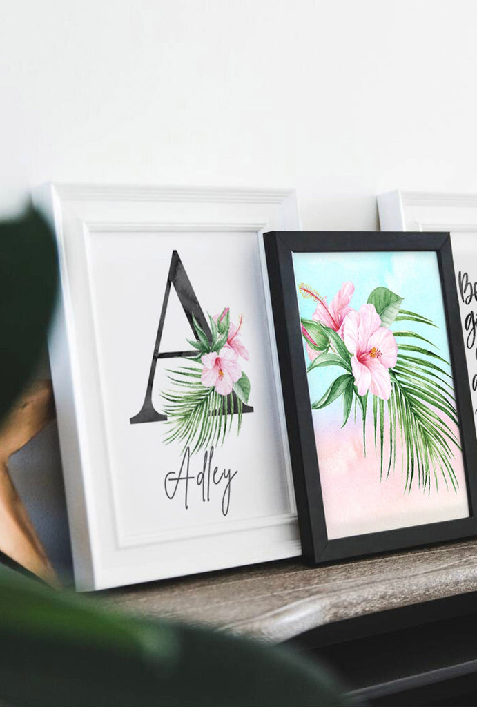 Tropical girl nursery, flamingo baby room decor, personalized monogram tropical flamingo, wall art set tropical newborn, baby shower gift
