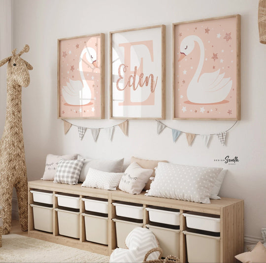 Rose gold name, swan nursery name, baby shower gift, baby girl wall art, blush and rose gold, initial print, custom name, rose gold nursery