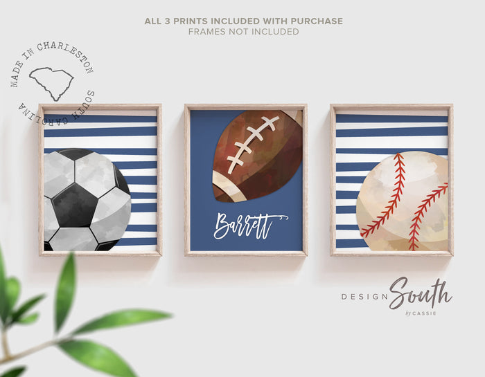 Boys room sports art, wall art print set of 3 sports themed for boys bedroom, sports monogram name initial decor, sports gift for boy room