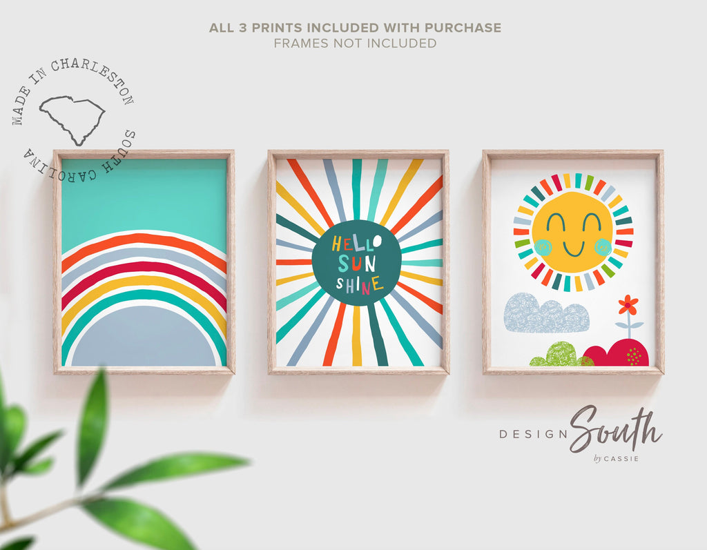 Teal yellow orange kid room art, wall art print set of 3 for children, bright fun colorful art for child wall, teal yellow sun rainbow theme