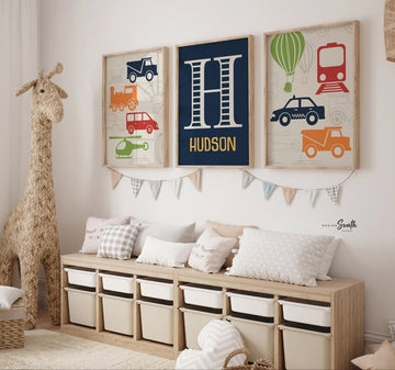 Transportation nursery decor, navy, red, green, orange, name print, transportation prints, helicopter, transportation nursery, train, trucks