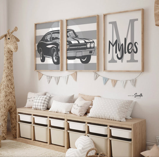 Classic chevrolet chevelle ss, vintage car nursery art, car themed big boy room, antique car print children, kids car wall decor playroom