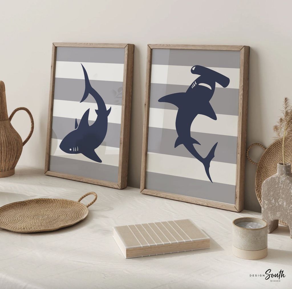 Shark nursery art navy and gray, boy&#39;s room fishing theme quote, stripes navy blue gray wall decor, shark kids room art, playroom wall idea