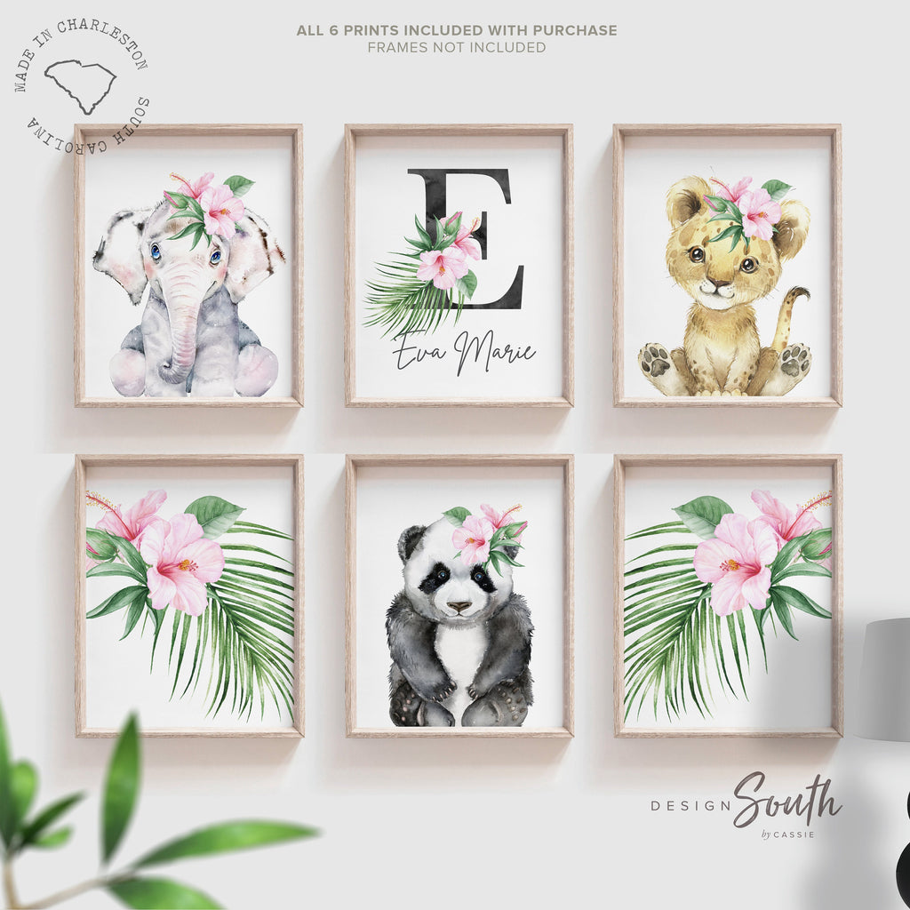 Girl nursery decor animals flowers, cute animals lion cub elephant panda print set girl baby room, animal girl gallery wall gift tropical