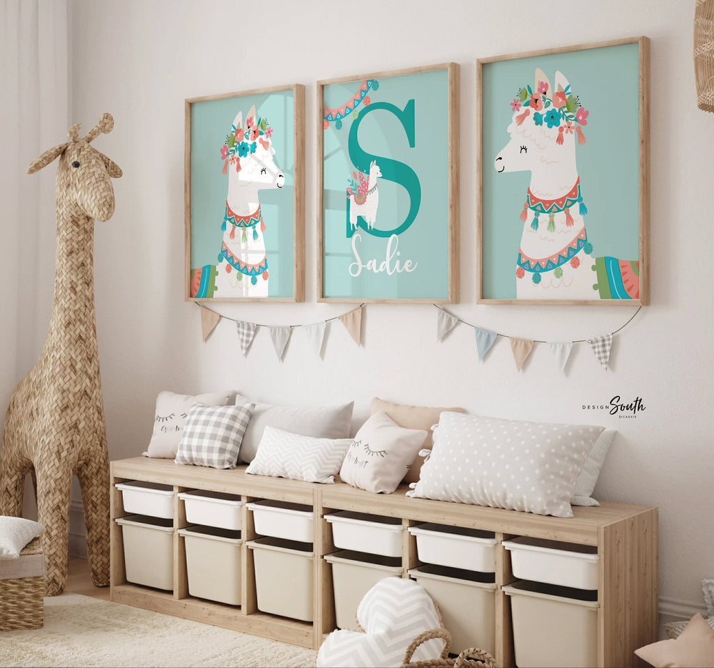 Boho nursery prints, cactus llama nursery decor, wall art prints for girls room, personalized name coral aqua gift, llama alpaca decorations