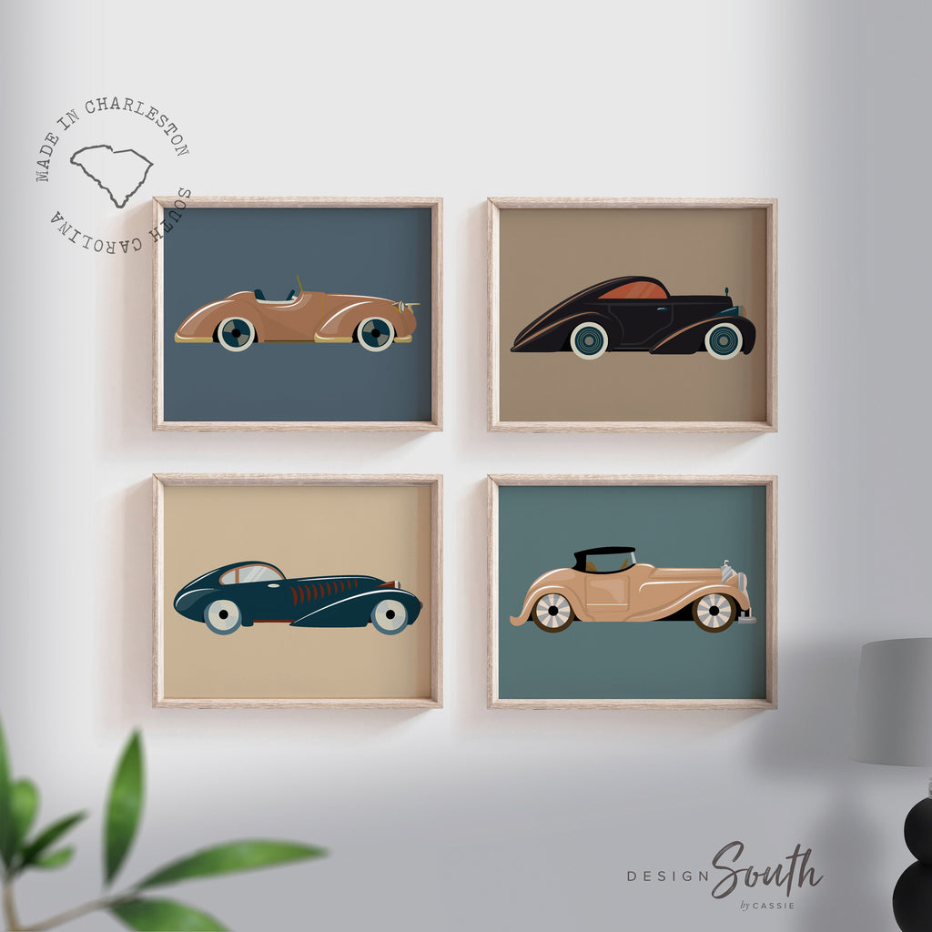 Retro car nursery decor, retro kids car decor, big boy bedroom vintage car art set, boy bedroom ideas, playroom boy wall, car nursery gift