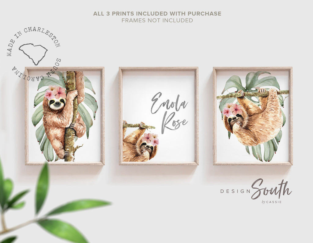 Dusty rose floral sloth wall art, sloth themed baby girl nursery, sloth nursery idea girl, personalized girl name sloth tropical room decor