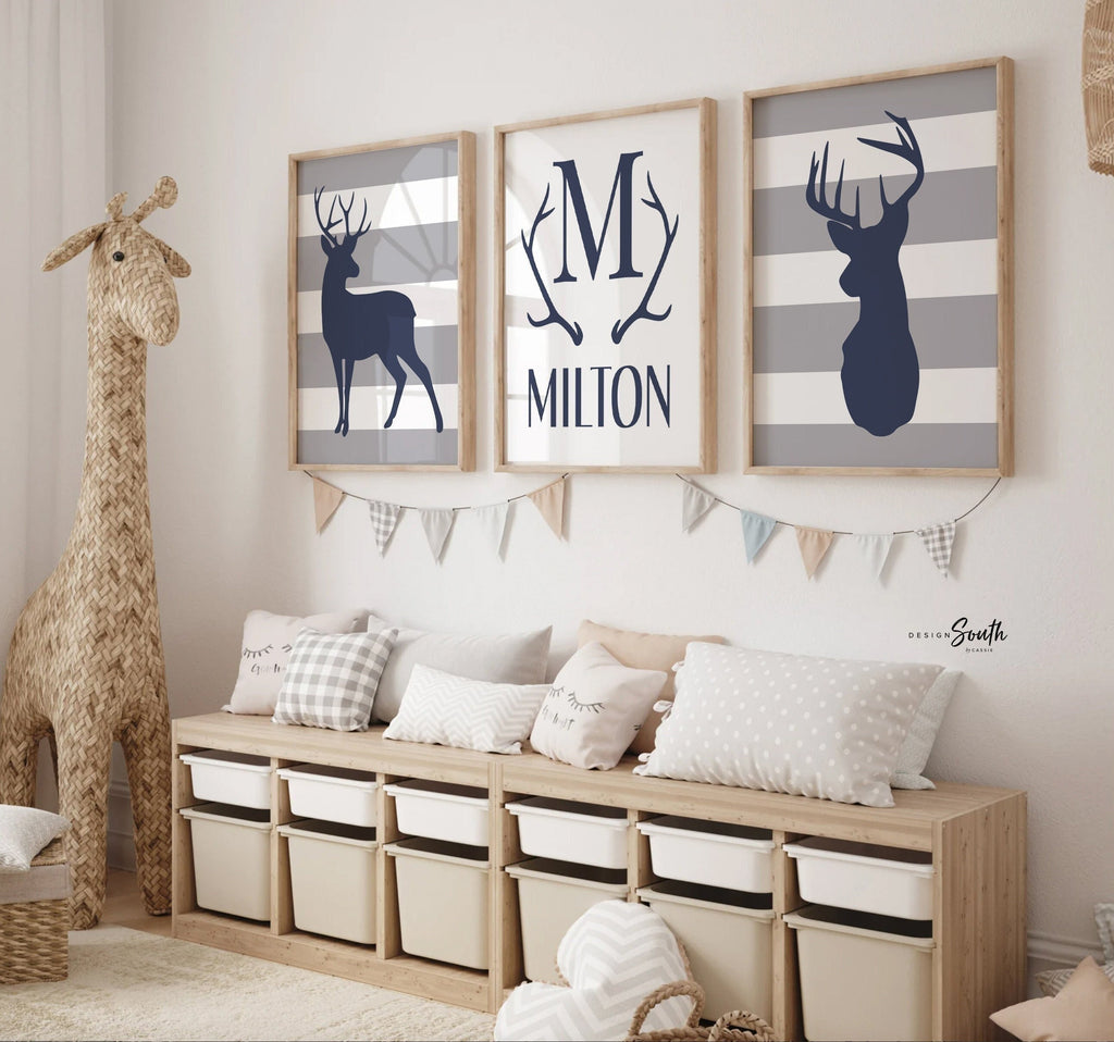 Deer decor, navy gray deer art, boy monogram, buck hunting decor boys room, navy deer big boy room, hunting kids room name personalized art