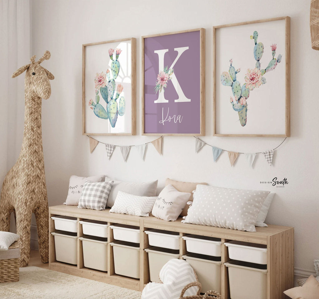 Purple desert cactus nursery, cactus nursery wall art, purple desert cactus bloom art, cactus floral wall art, cactus baby shower gift girl
