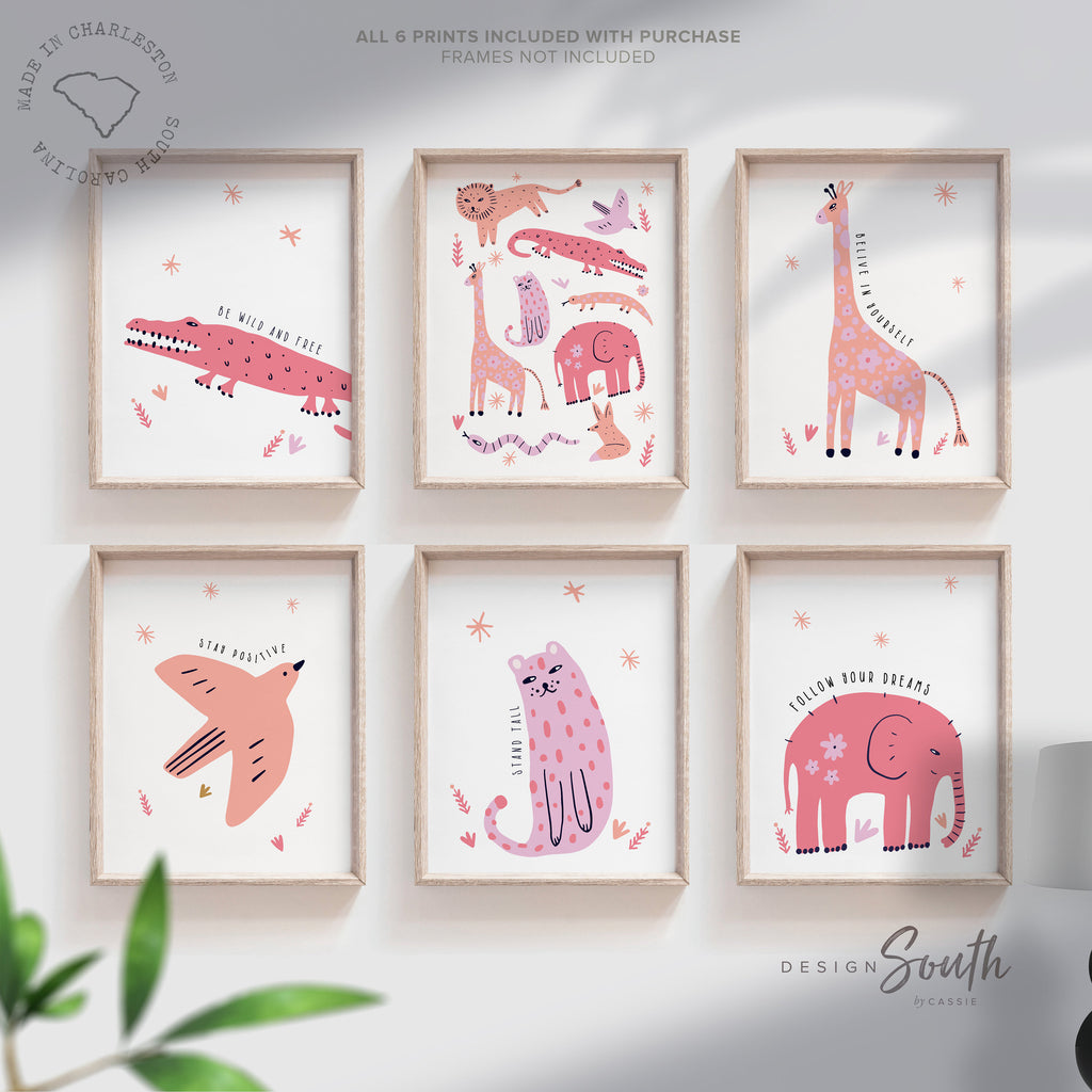 Pink animal art, pink whimsical animal wall art, safari playful animal theme art prints, decor little girl bedroom wall pink inspirational