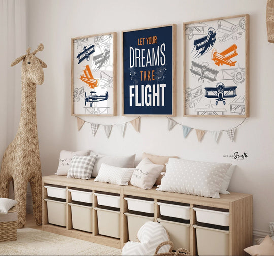 Transform your child's space with airplane-themed boys' bedroom wall decor. Perfect for a flight transportation-themed room, this collection brings the wonder of aviation to life. Ideal for airplane kids' rooms, nurseries, or bedrooms, these prints capture the spirit of adventure and the thrill of flight. A thoughtful pilot-themed newborn gift, this artwork inspires imagination and dreams of soaring through the skies. Elevate any space with this charming aviation-inspired decor.