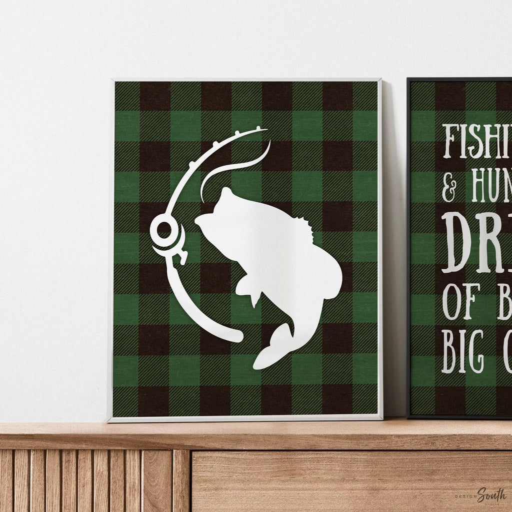 Forest green buffalo plaid buck deer bass fishing nursery decor, boy fishing hunting nursery, hunting theme nursery, green bass fish deer
