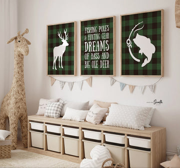 Forest green buffalo plaid buck deer bass fishing nursery decor, boy fishing hunting nursery, hunting theme nursery, green bass fish deer