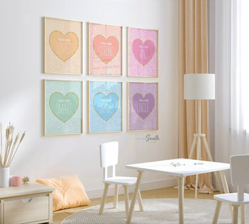 Pastel rainbow heart theme, heart themed wall art for girl bedroom decor, colorful rainbow magical look girl room style, pastel girl nursery