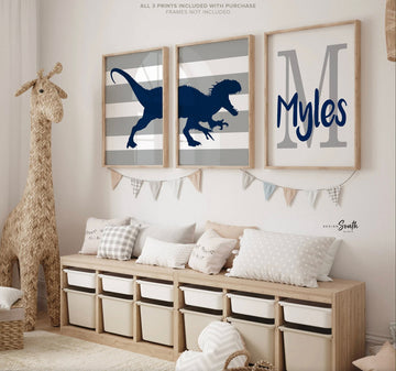 Boy bedroom decor ideas, wall art prints navy blue and gray, dinosaur theme decor for toddler, children's dinosaur prints, playroom wall boy