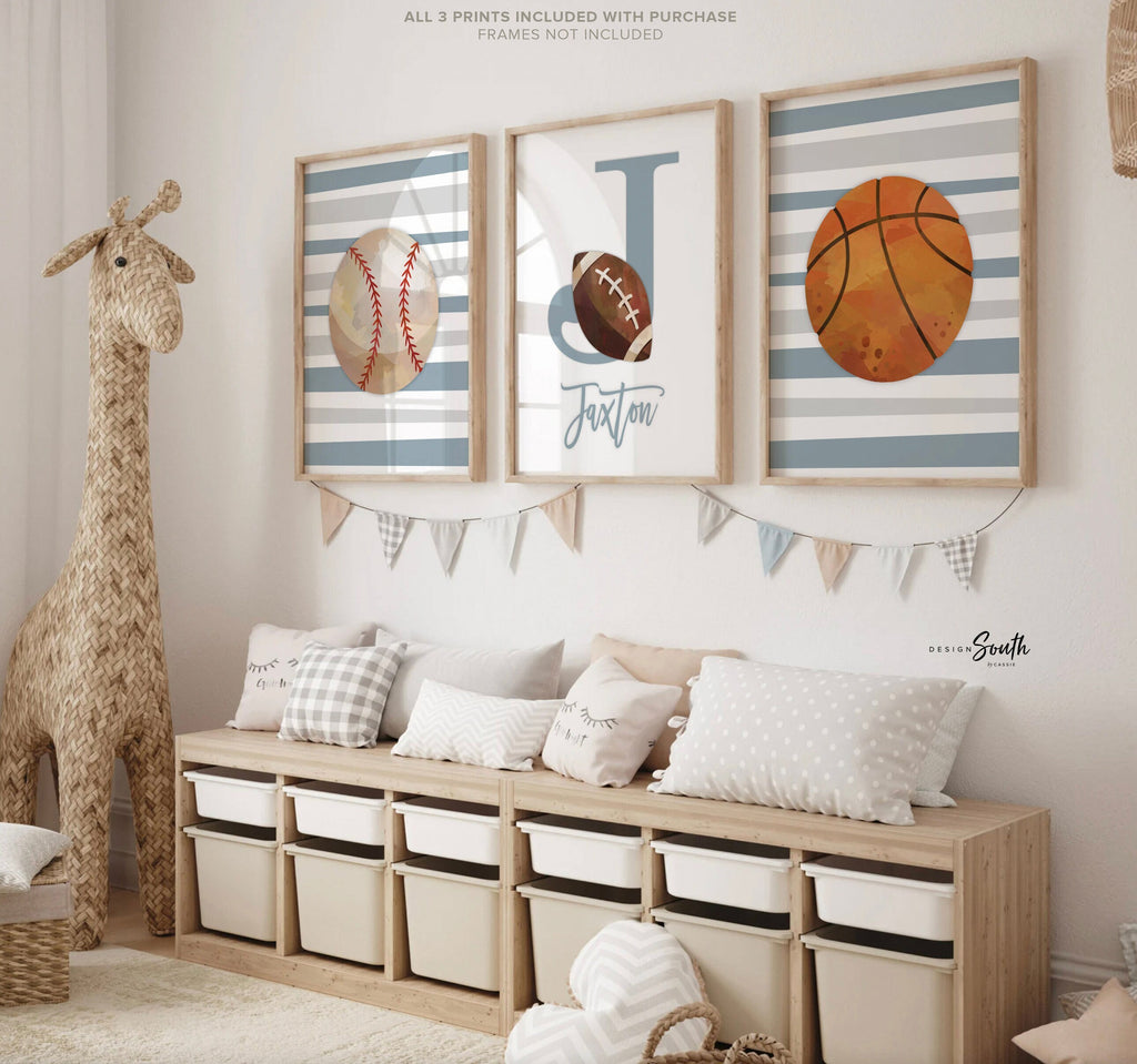Stripes boys room decor, sports themed prints personalized, sports baby shower gift, navy blue and gray sports art print, sports baby room