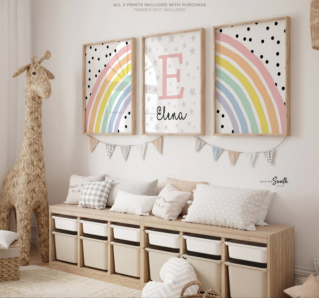 Rainbow nursery monogram art print, baby girl monogram nursery wall art, custom nursery wall art, rainbow monogram letter, polka dots kid