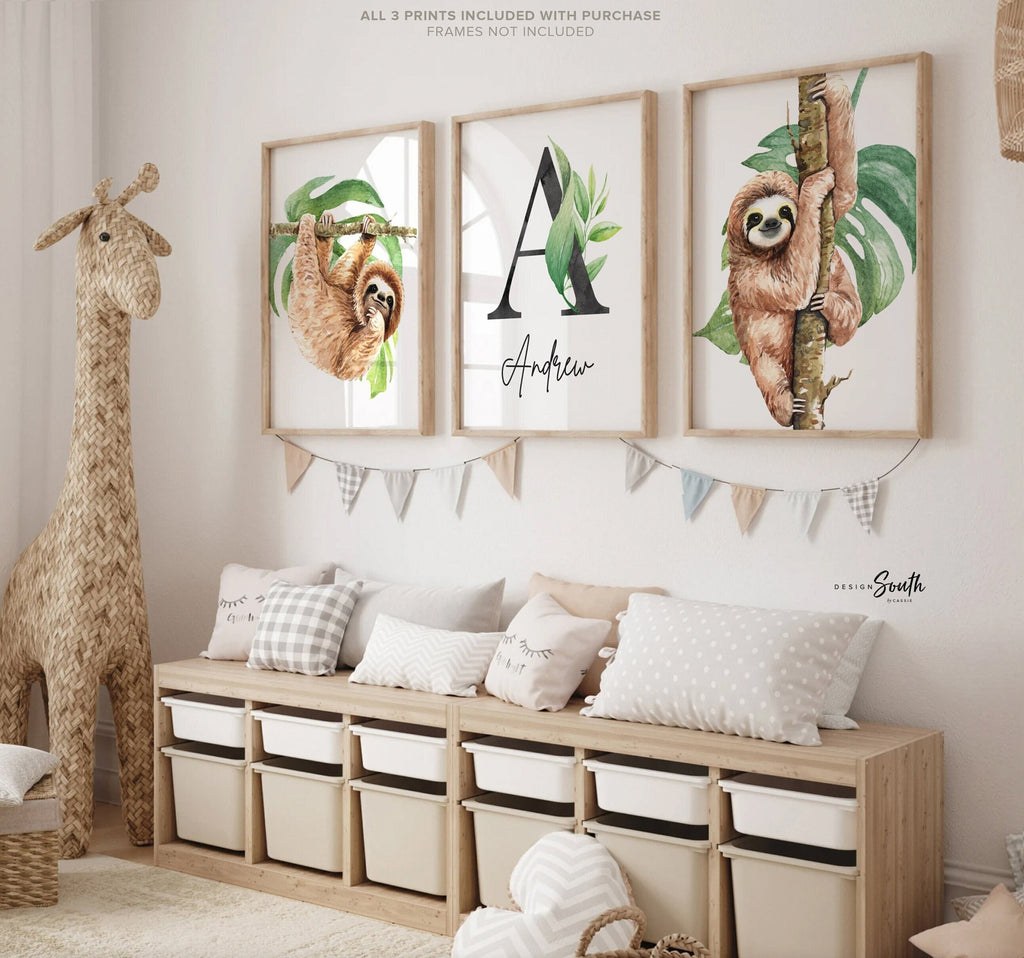 Sloth wall art set, kids hanging sloth in nature, sloth kids room personalized name gift, animal lover nursery gift, wall art kid decor name